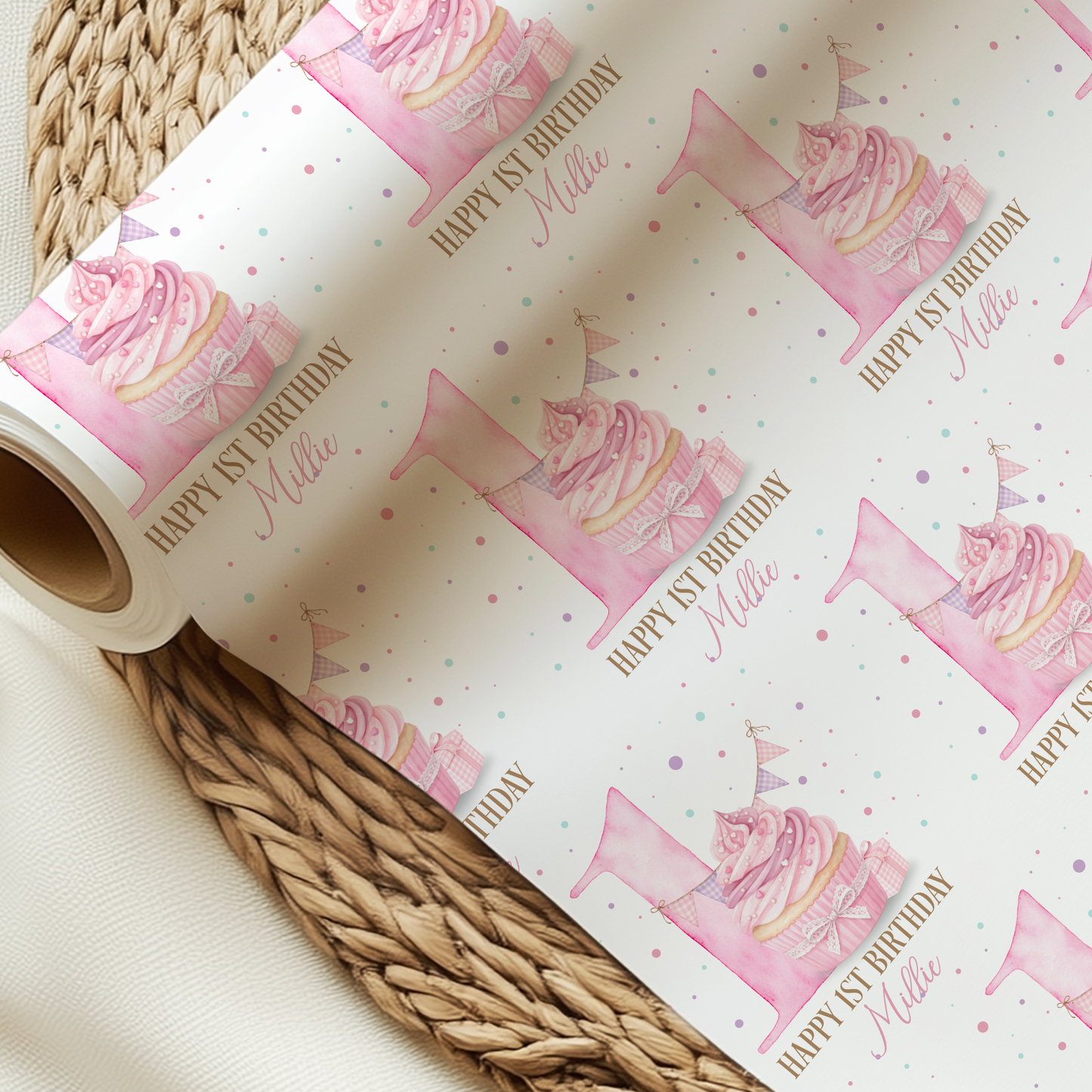Personalised Girl's Cupcake 1st Birthday Wrapping Paper