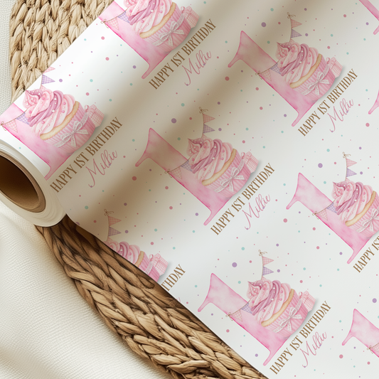 Personalised Girl's Cupcake 1st Birthday Wrapping Paper