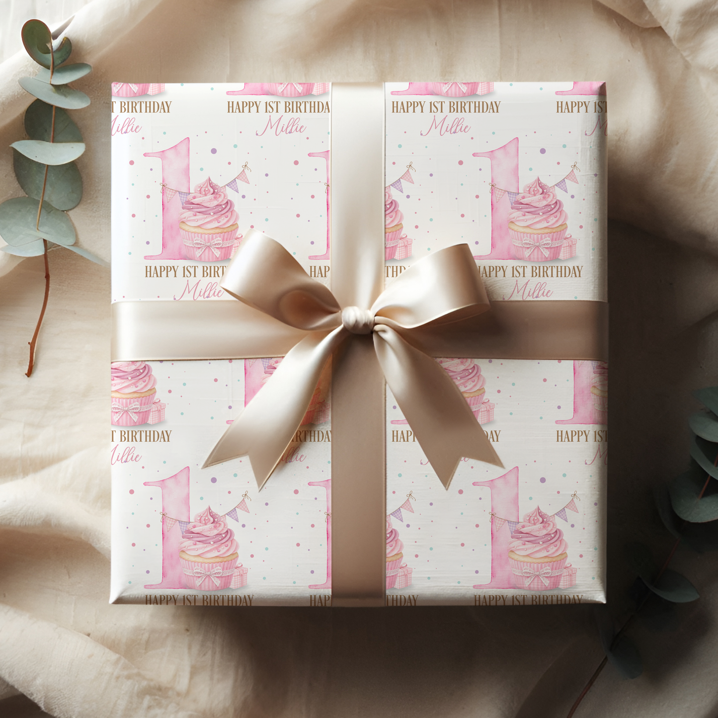 Personalised Girl's Cupcake 1st Birthday Wrapping Paper