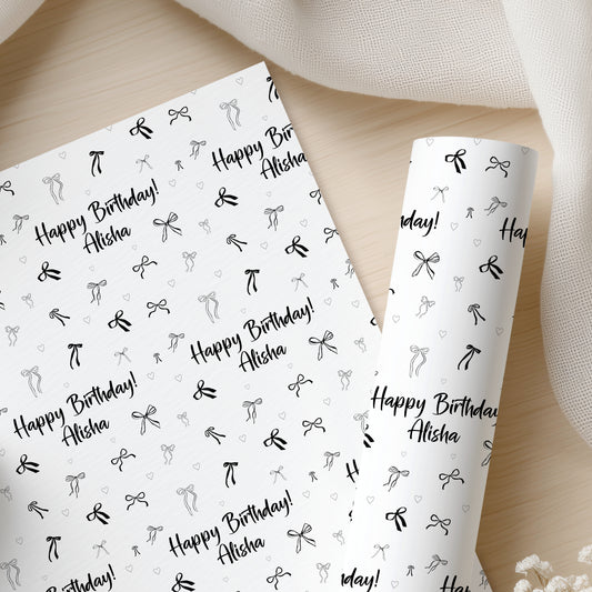 Personalised Coquette Birthday Wrapping Paper – Black Bow Gift Wrap