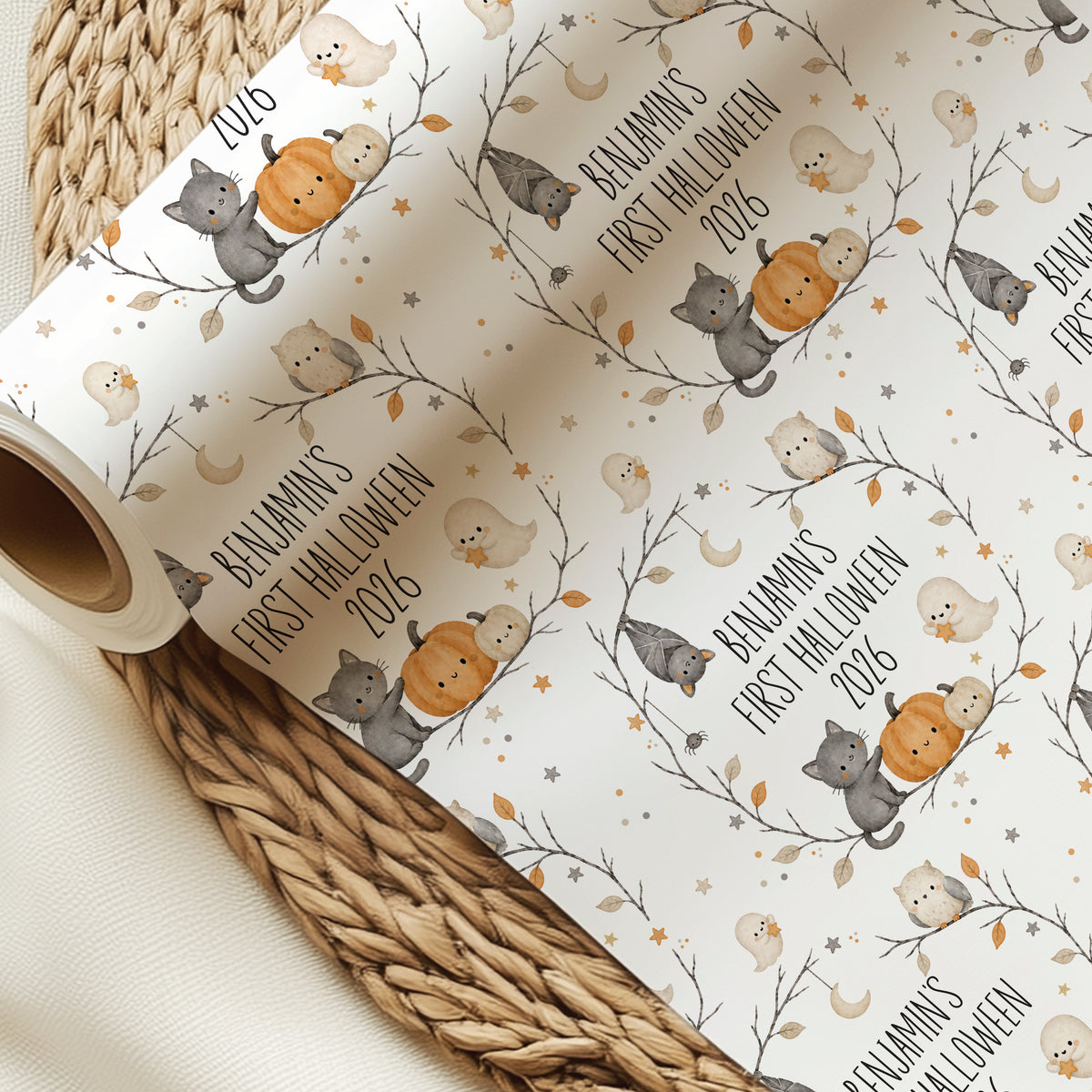 Personalised First Halloween Pumpkin Wrapping Paper – Woodland Animal Gift Wrap