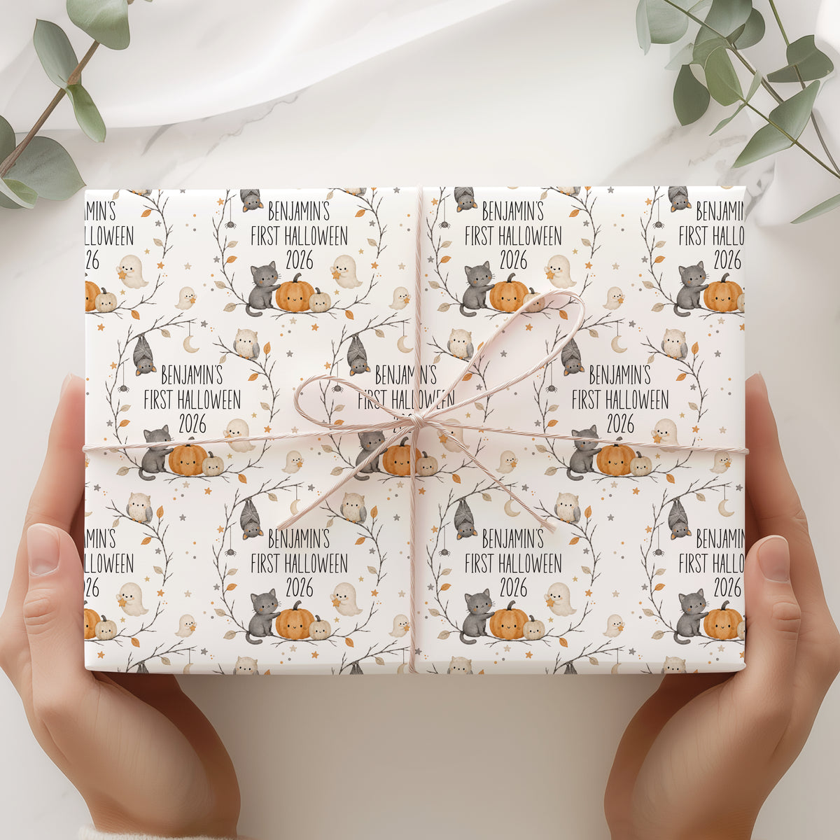 Personalised First Halloween Pumpkin Wrapping Paper – Woodland Animal Gift Wrap