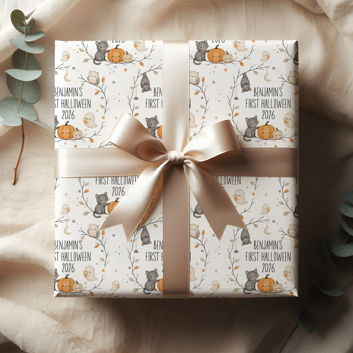 Personalised First Halloween Pumpkin Wrapping Paper – Woodland Animal Gift Wrap