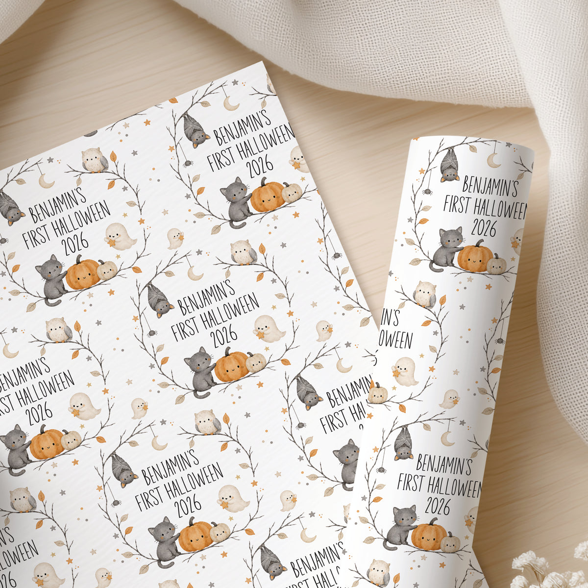 Personalised First Halloween Pumpkin Wrapping Paper – Woodland Animal Gift Wrap
