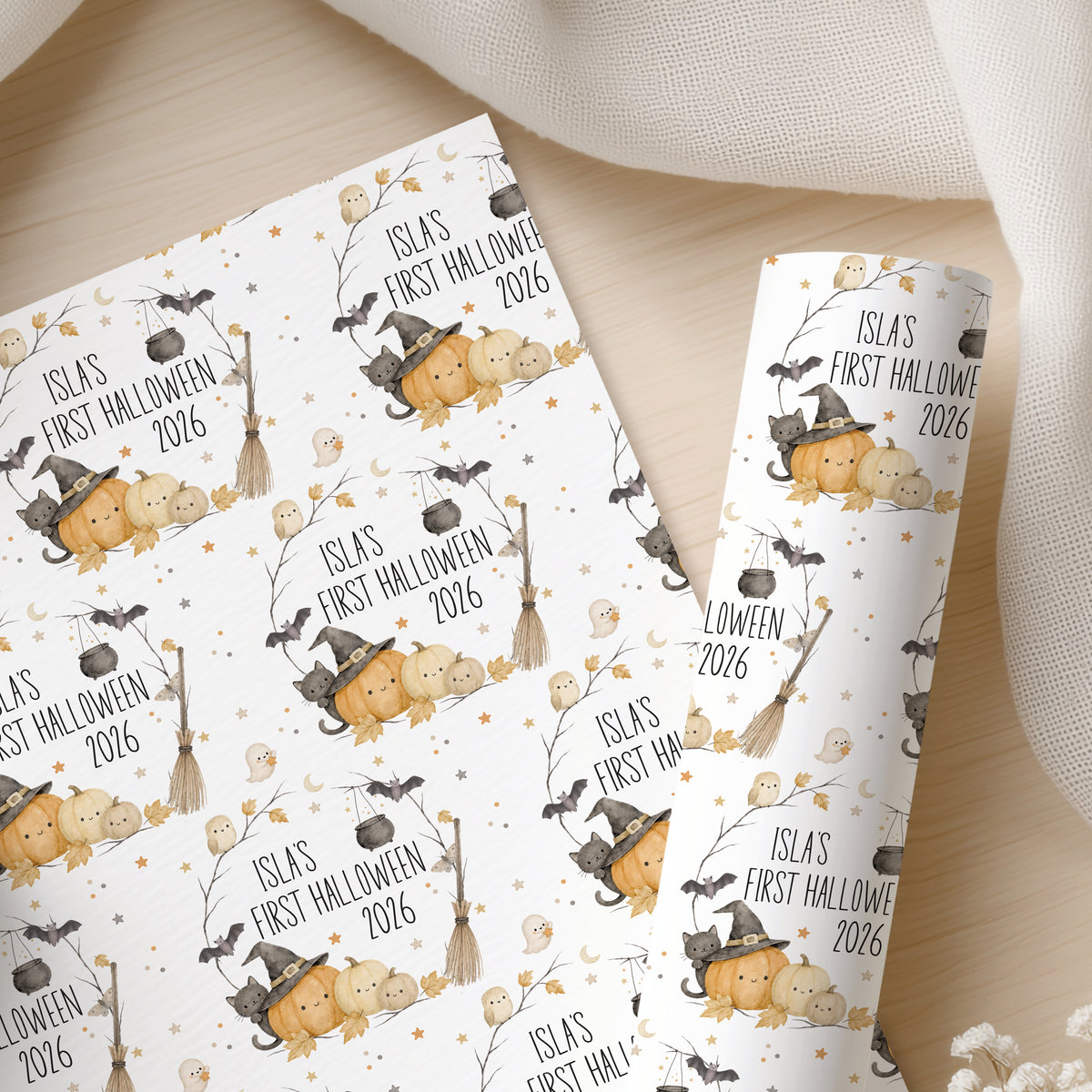 Personalised First Halloween Wrapping Paper – Witch Pumpkin Gift Wrap