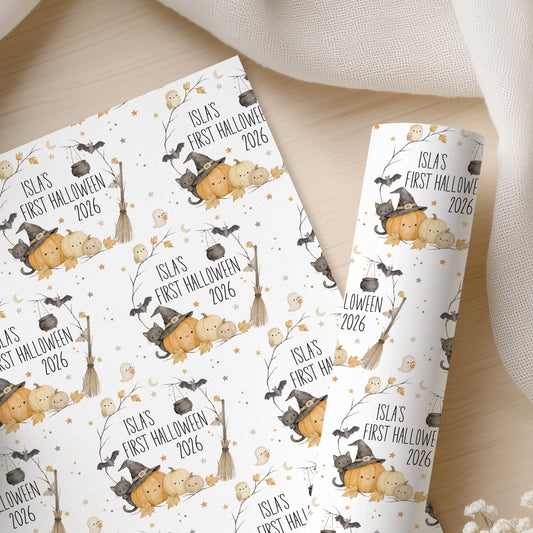 Personalised First Halloween Wrapping Paper – Witch Pumpkin Gift Wrap