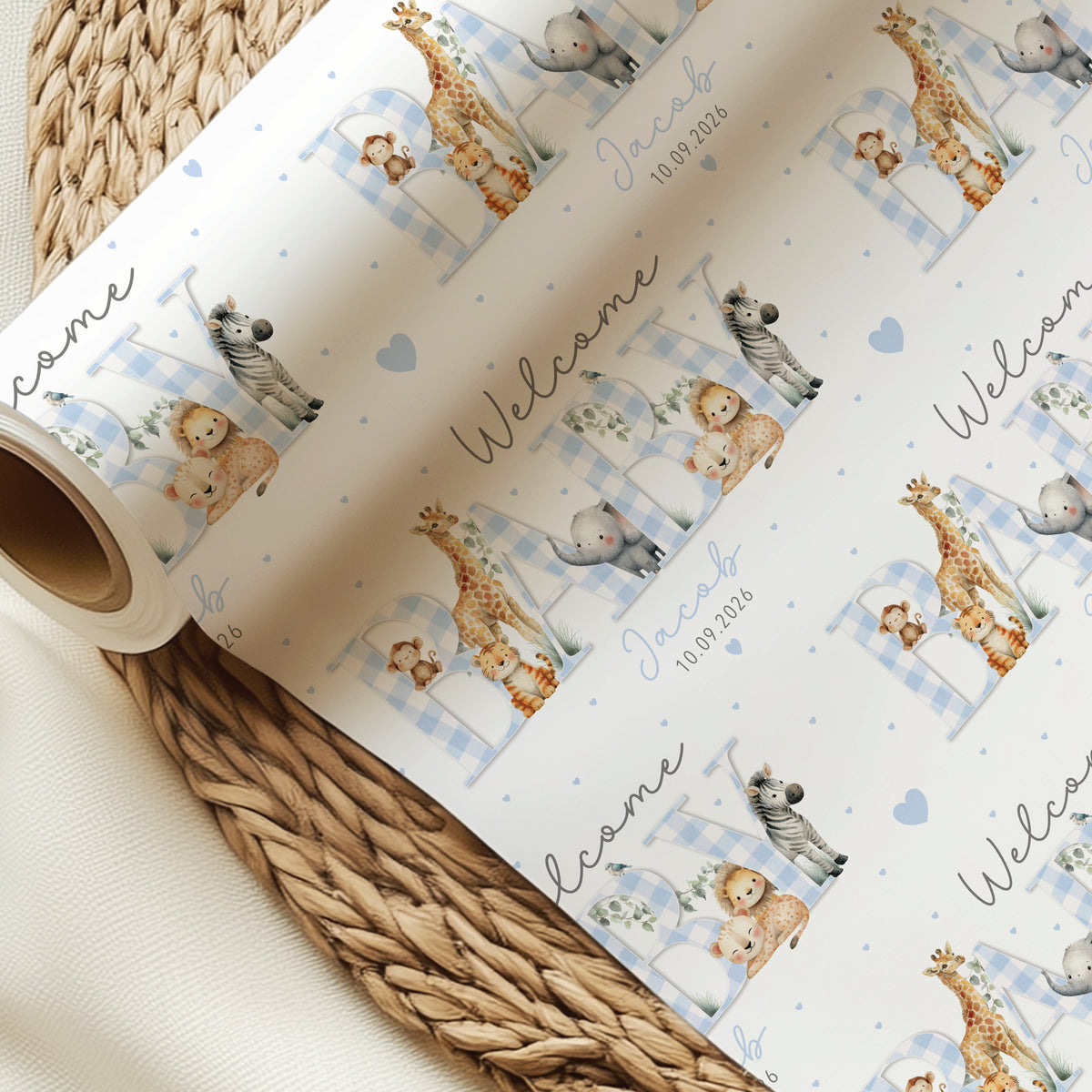 Personalised New Baby Wrapping Paper – Safari Animal Baby Gift Wrap