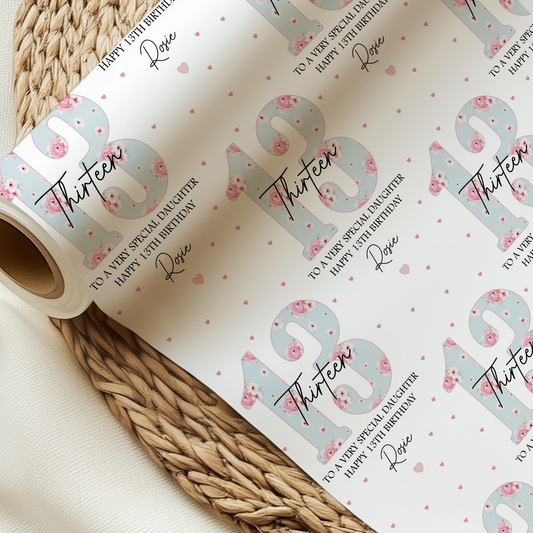 Personalised 13th Birthday Gift Wrapping Paper, Blue Floral Numbers