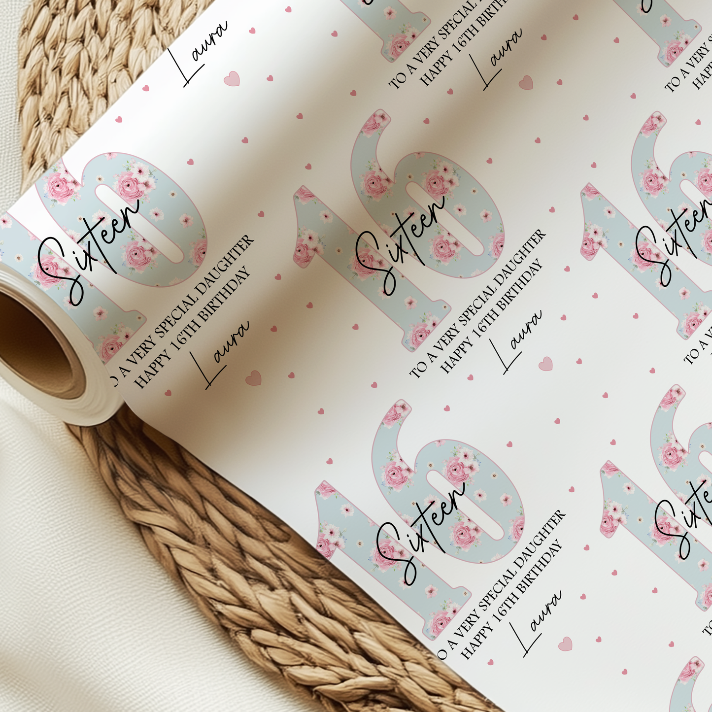 Personalised 16th Birthday Gift Wrapping Paper, Blue Floral Numbers