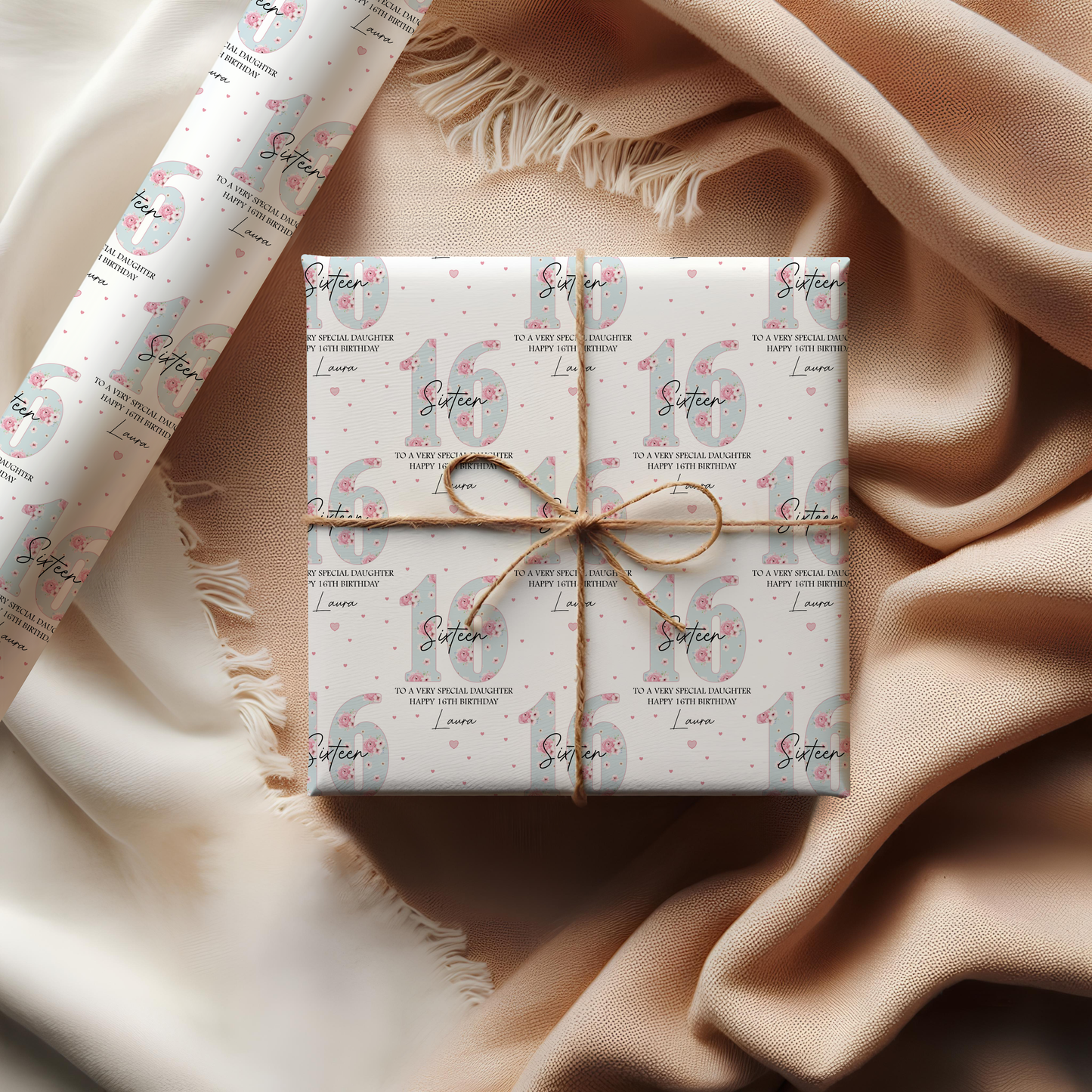 Personalised 16th Birthday Gift Wrapping Paper, Blue Floral Numbers
