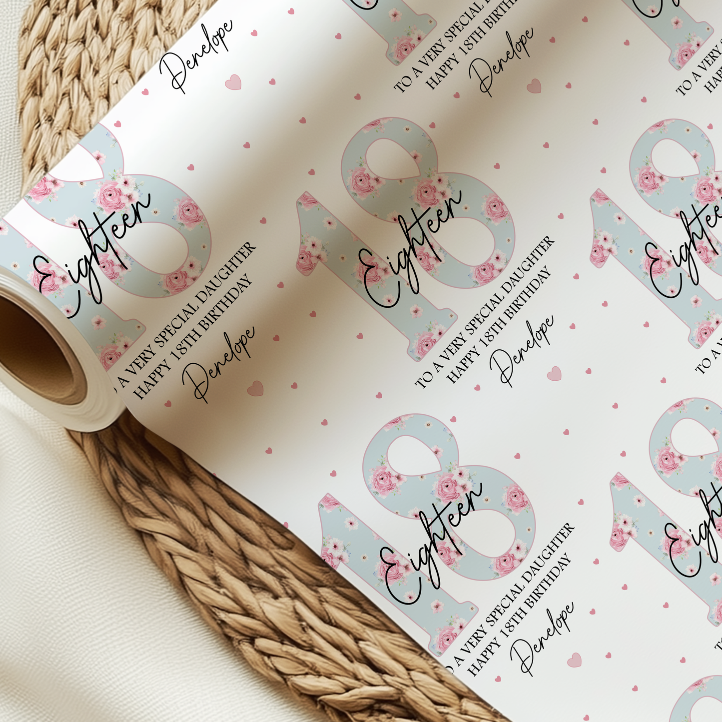 Personalised 18th Birthday Gift Wrapping Paper, Blue Floral Numbers