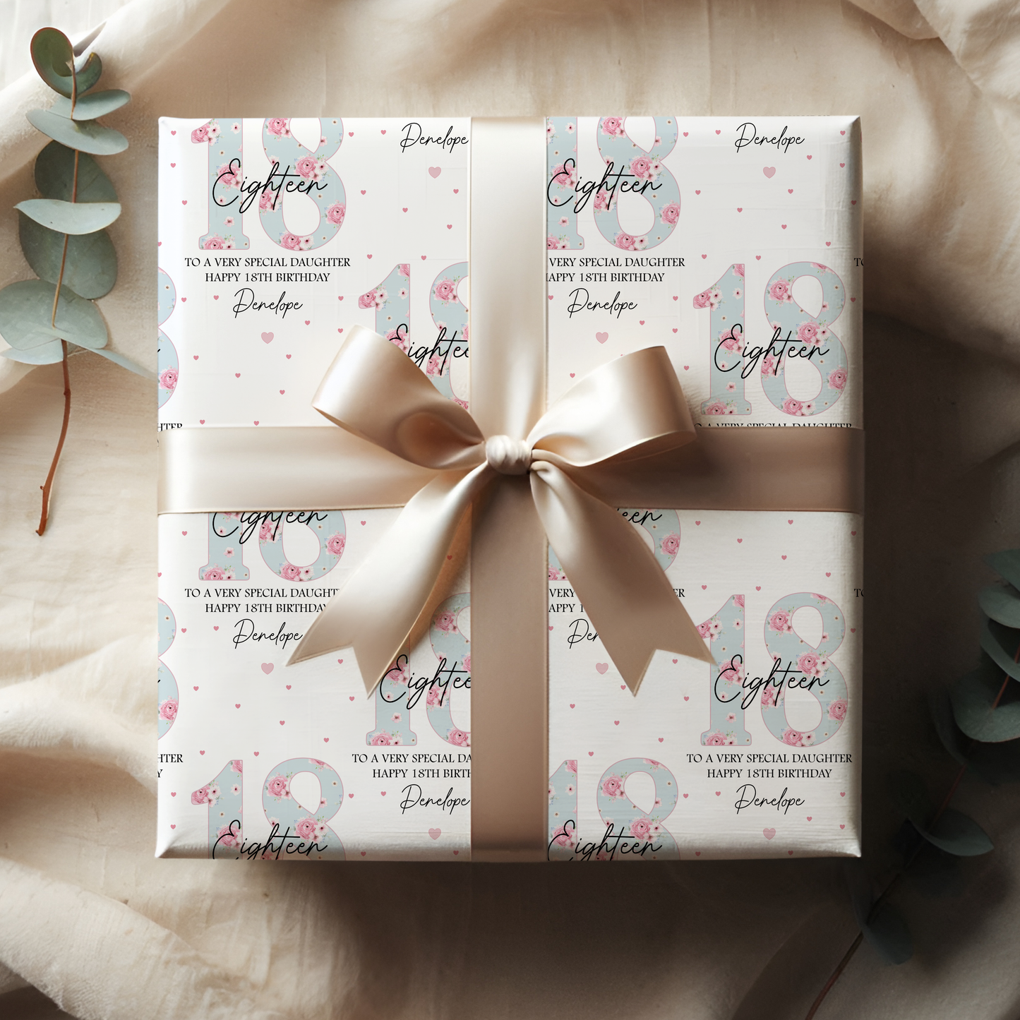 Personalised 18th Birthday Gift Wrapping Paper, Blue Floral Numbers