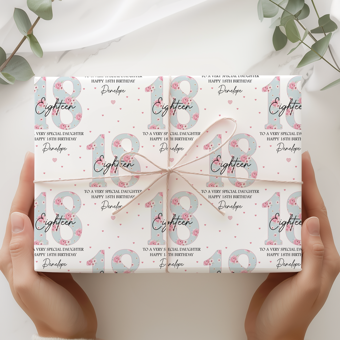 Personalised 18th Birthday Gift Wrapping Paper, Blue Floral Numbers