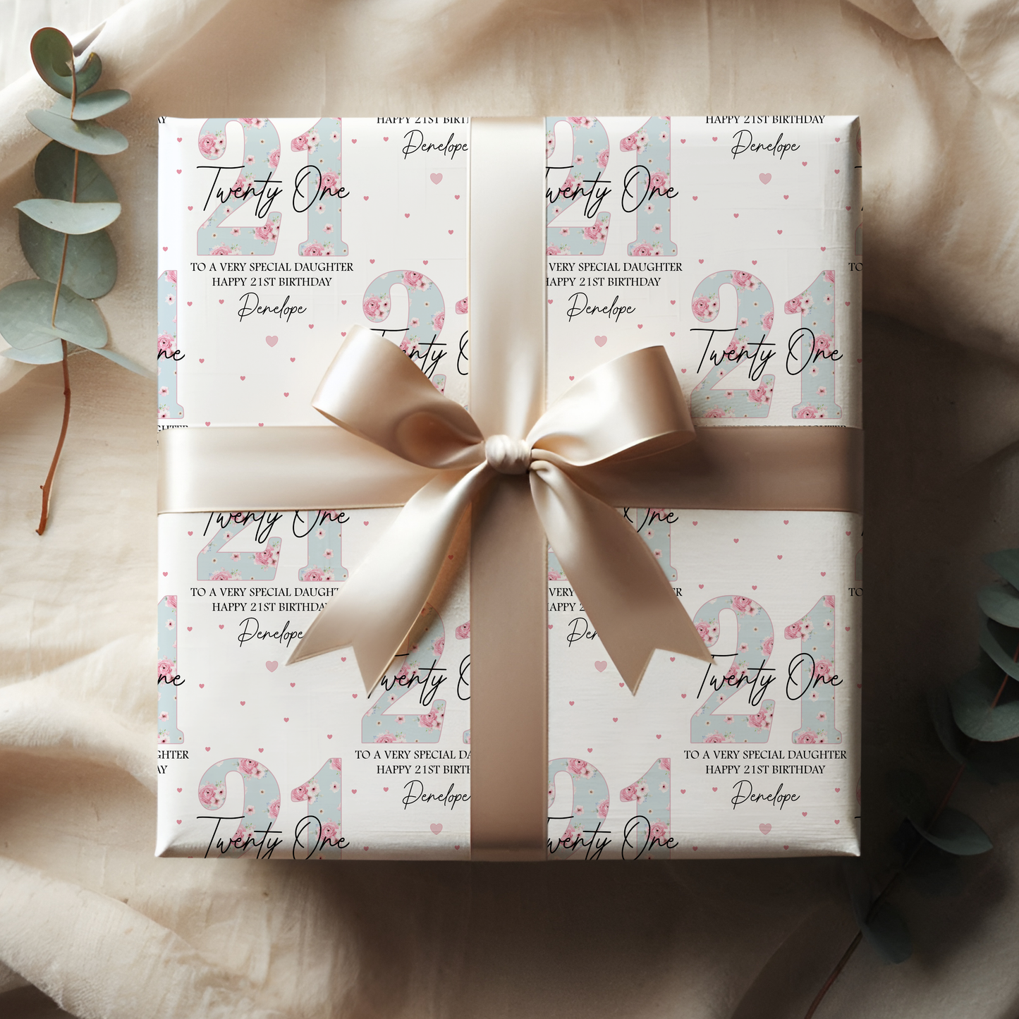 Personalised 21st Birthday Gift Wrapping Paper, Blue Floral Numbers