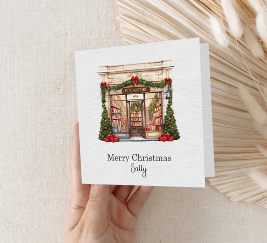 Bookshop Christmas card, Personalised book lover Christmas card