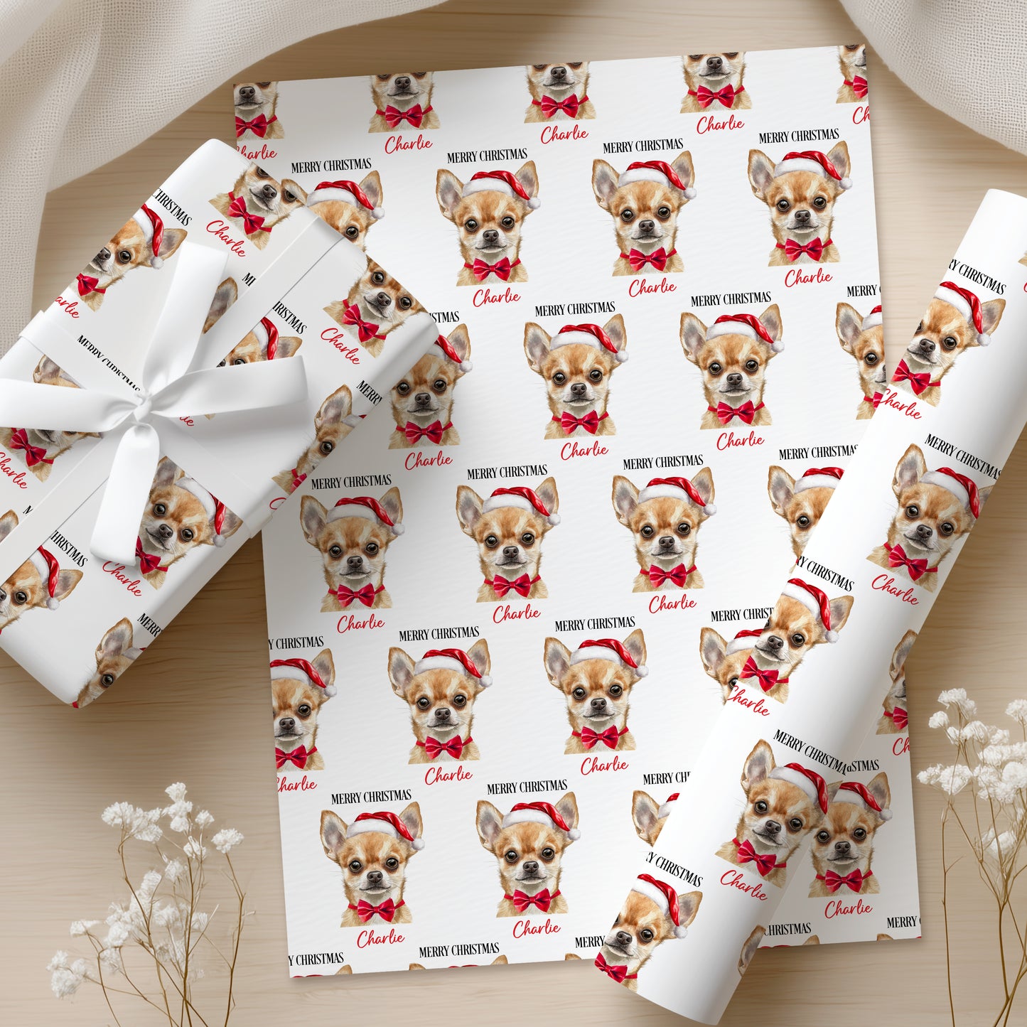 Chihuahua Christmas Wrapping Paper, Personalised Chihuahua Gift Wrap