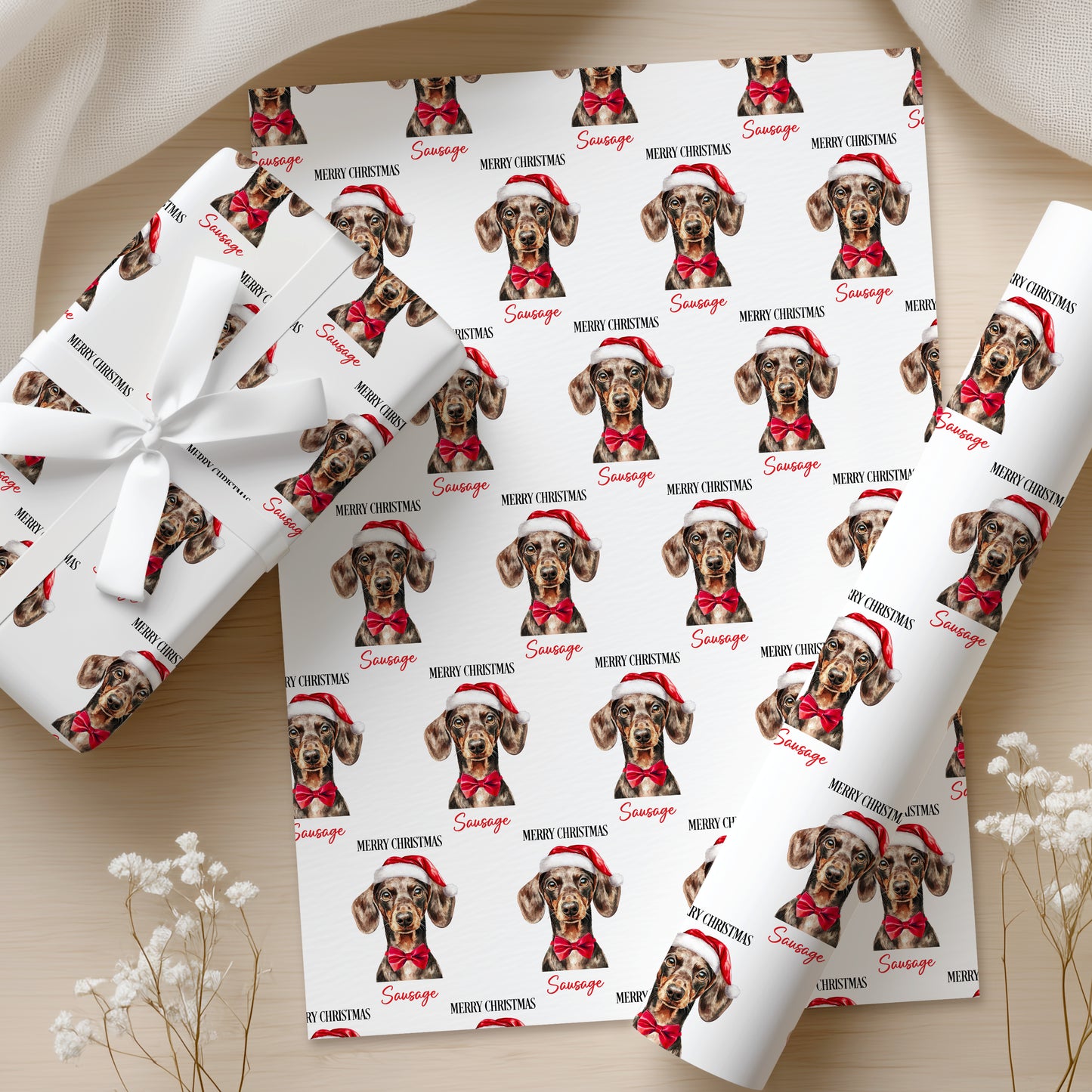 Dachshund Christmas Wrapping Paper, Personalised Dachshund Gift Wrap