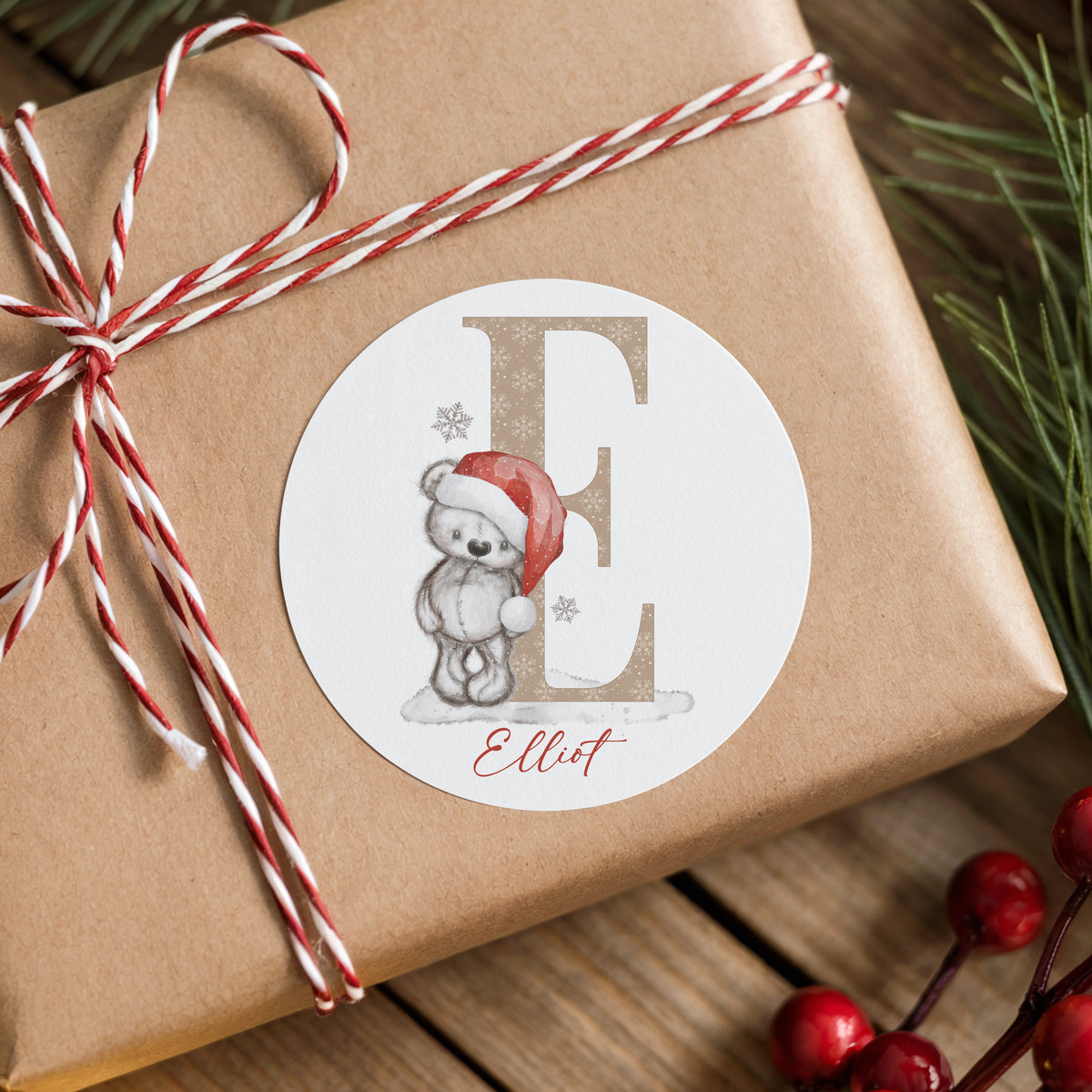Personalised Teddy Bear Christmas Stickers – Initial Name Gift Stickers