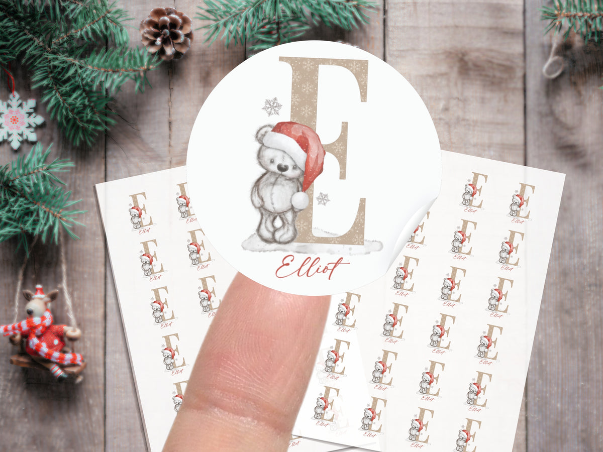 Personalised Teddy Bear Christmas Stickers – Initial Name Gift Stickers