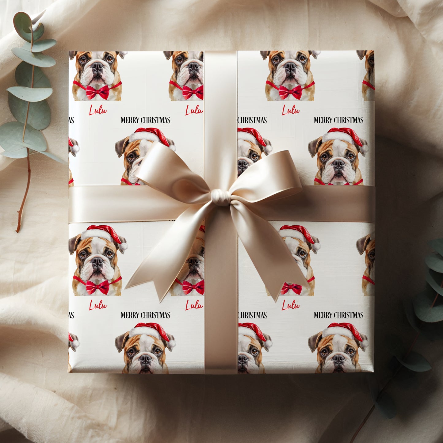 English Bulldog Christmas Wrapping Paper, Personalised English Bulldog Gift Wrap