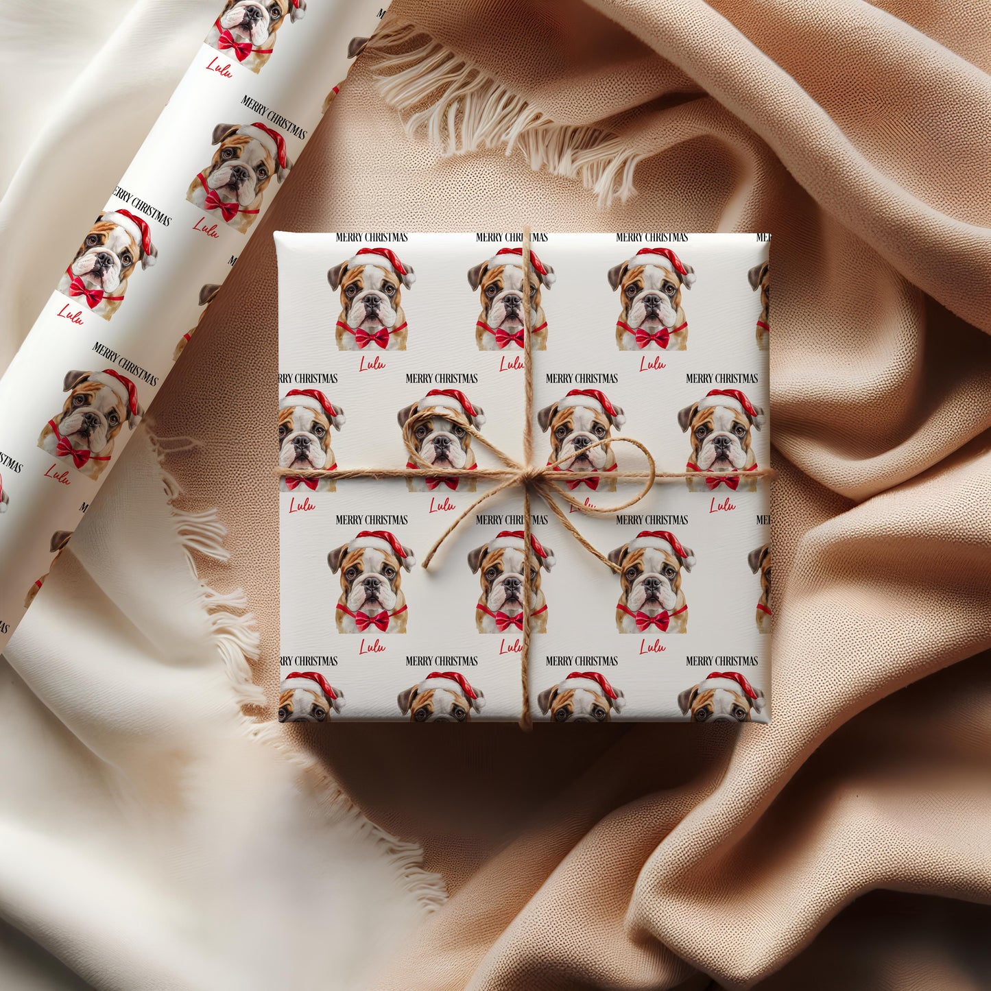 English Bulldog Christmas Wrapping Paper, Personalised English Bulldog Gift Wrap