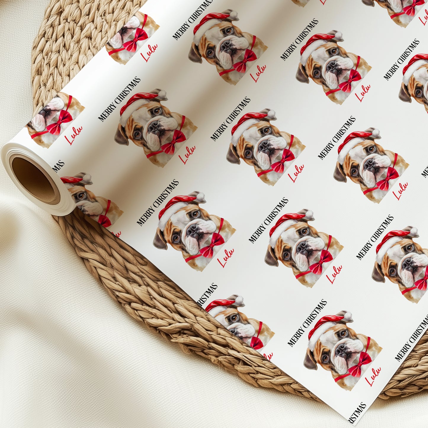English Bulldog Christmas Wrapping Paper, Personalised English Bulldog Gift Wrap