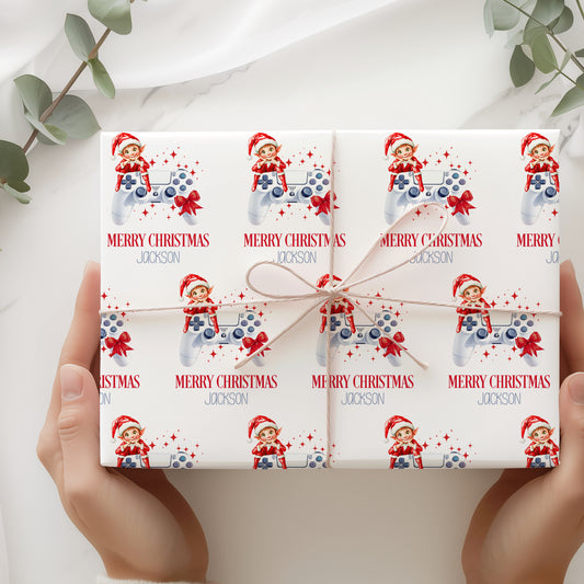 Personalised Christmas Elf Gamer Wrapping Paper