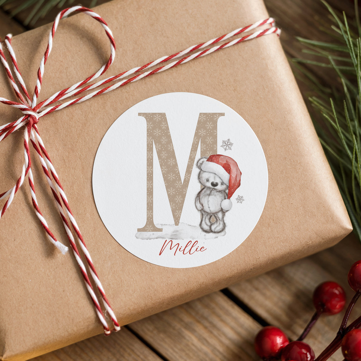 Personalised Teddy Bear Christmas Stickers – Initial Name Gift Stickers