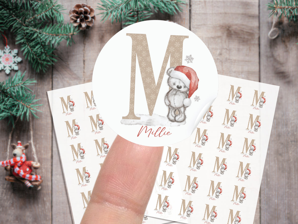 Personalised Teddy Bear Christmas Stickers – Initial Name Gift Stickers