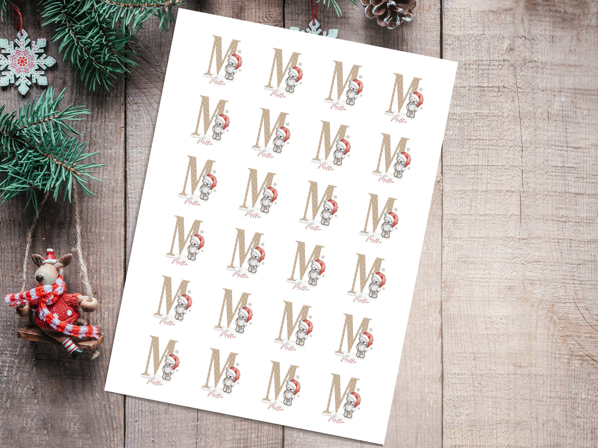 Personalised Teddy Bear Christmas Stickers – Initial Name Gift Stickers