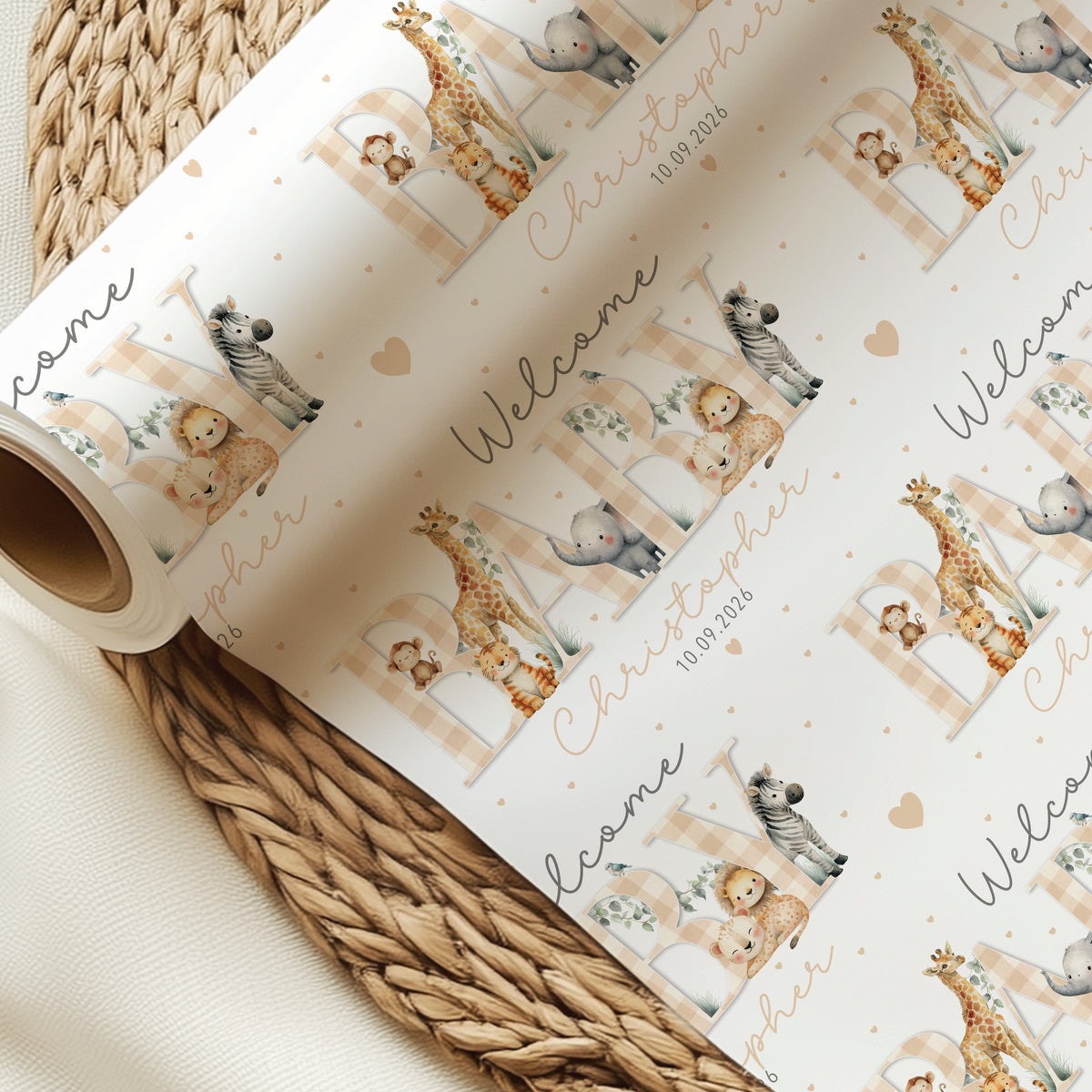 Personalised New Baby Wrapping Paper – Safari Animal Baby Gift Wrap
