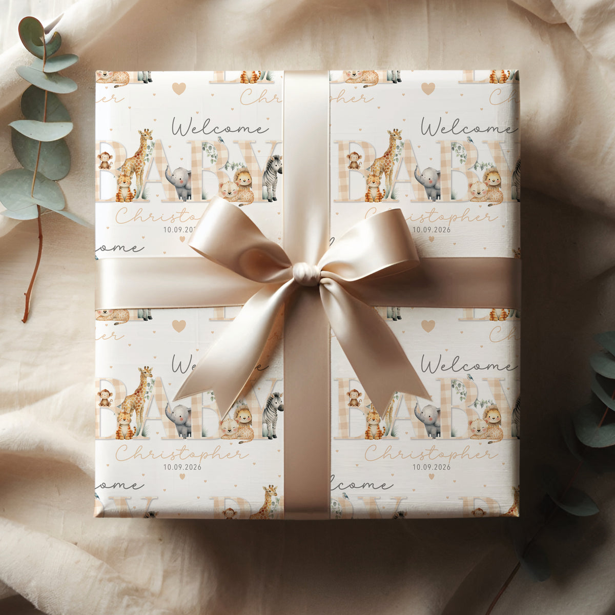 Personalised New Baby Wrapping Paper – Safari Animal Baby Gift Wrap