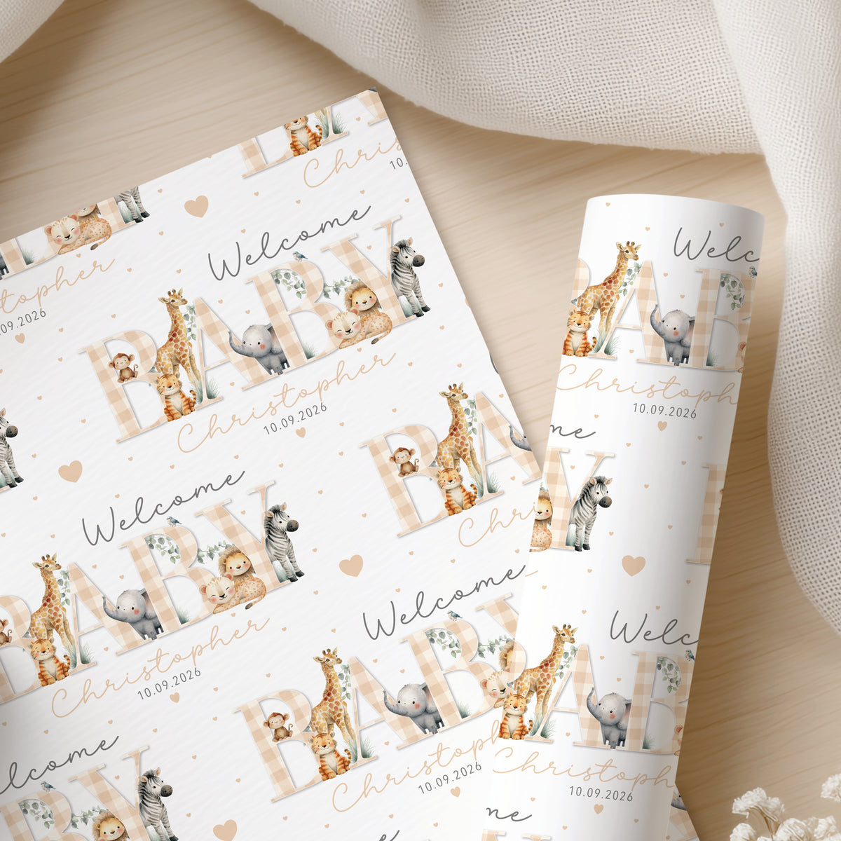 Personalised New Baby Wrapping Paper – Safari Animal Baby Gift Wrap