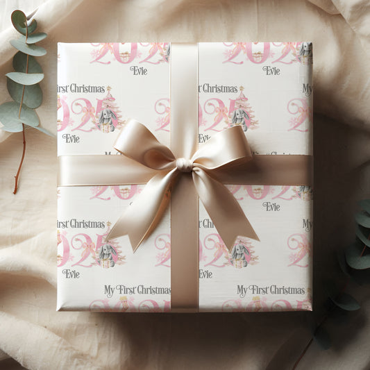 Personalised Bunny 1st Xmas Wrapping Paper Roll, First Christmas 2025 Gift Wrap, Baby Bunny Christmas gift, Wrapping paper with name