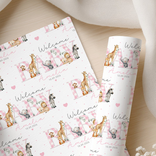 Personalised New Baby Wrapping Paper – Safari Animal Baby Gift Wrap