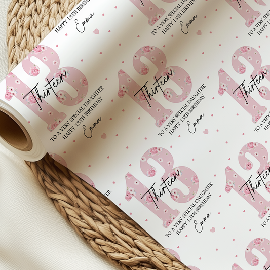 Personalised 13th Birthday Gift Wrapping Paper, Pink Floral Numbers