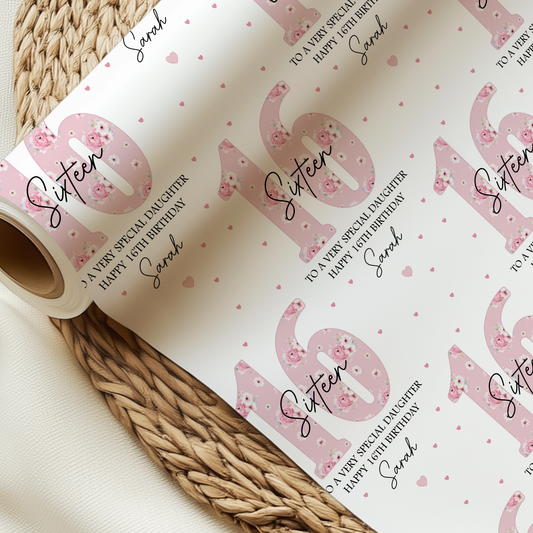 Personalised 16th Birthday Gift Wrapping Paper, Pink Floral Numbers