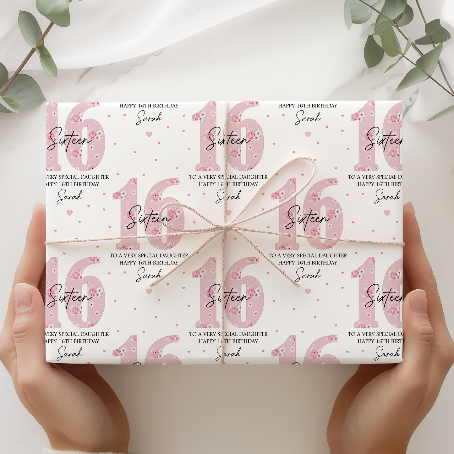 Personalised 16th Birthday Gift Wrapping Paper, Pink Floral Numbers