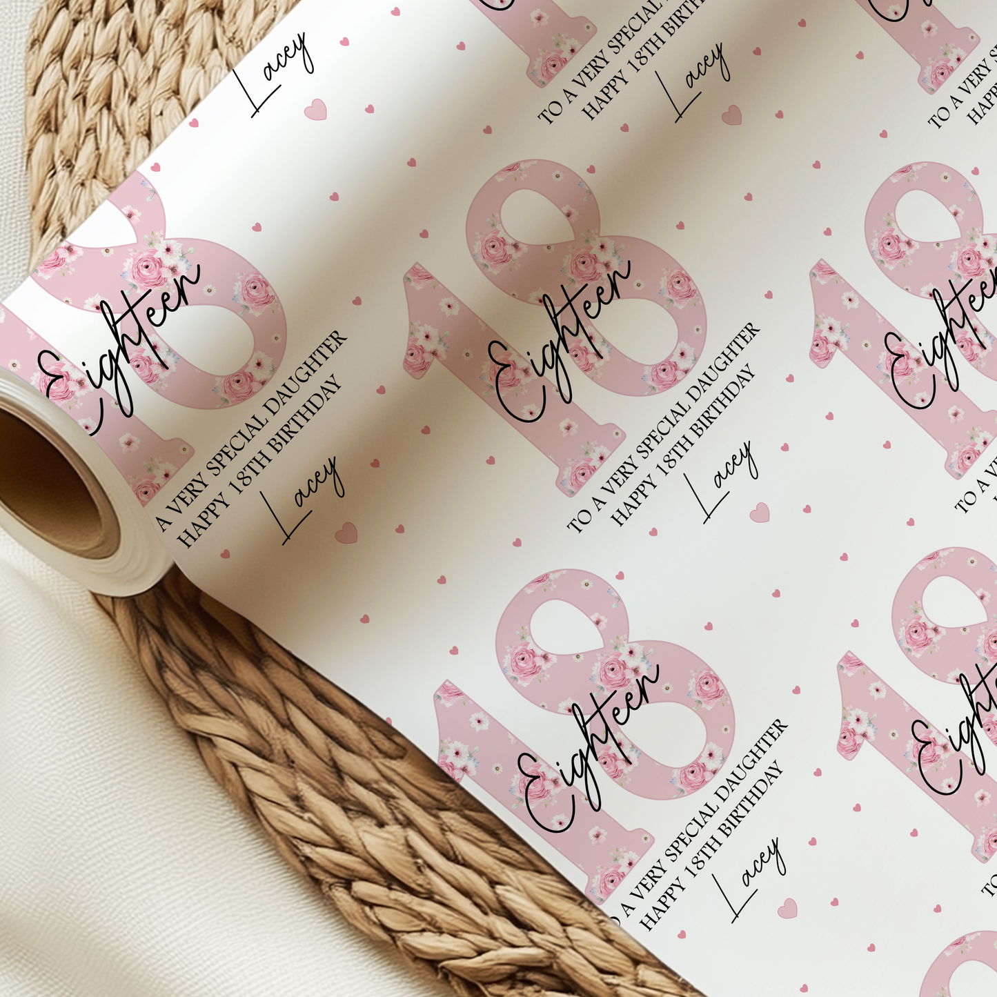Personalised 18th Birthday Gift Wrapping Paper, Pink Floral Numbers
