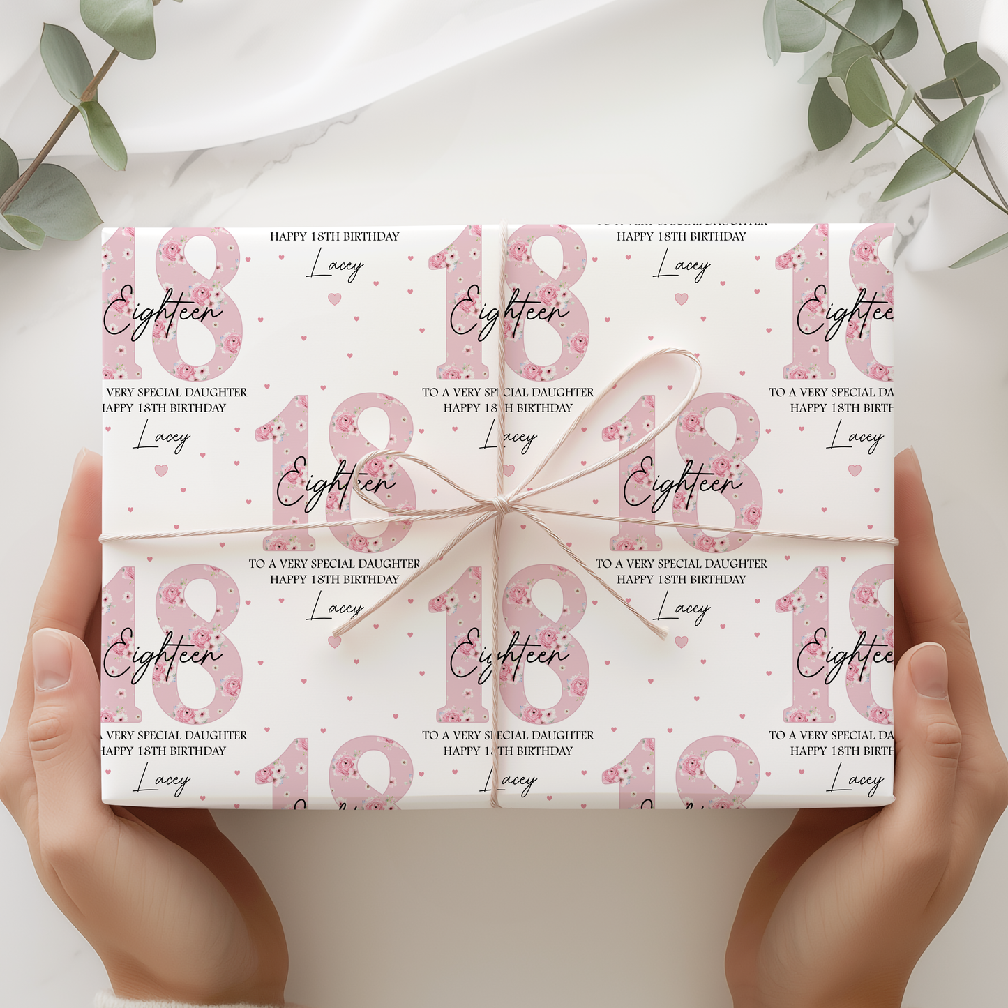 Personalised 18th Birthday Gift Wrapping Paper, Pink Floral Numbers