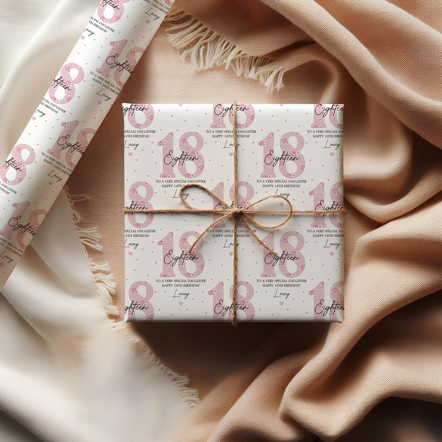 Personalised 18th Birthday Gift Wrapping Paper, Pink Floral Numbers
