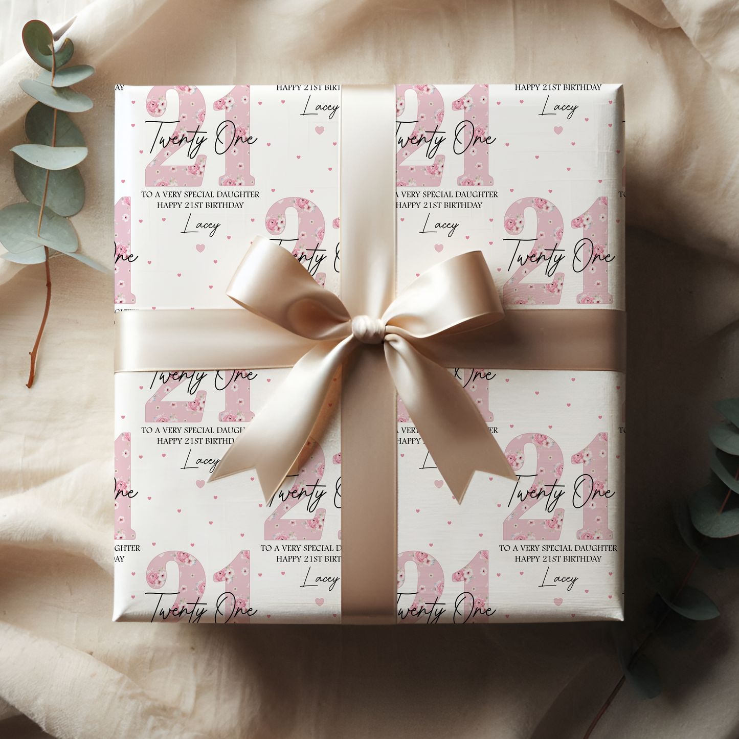 Personalised 21st Birthday Gift Wrapping Paper, Pink Floral Numbers