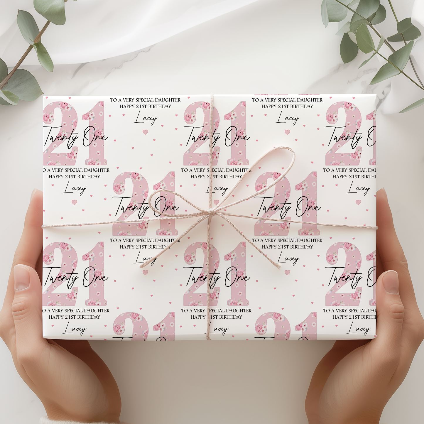 Personalised 21st Birthday Gift Wrapping Paper, Pink Floral Numbers