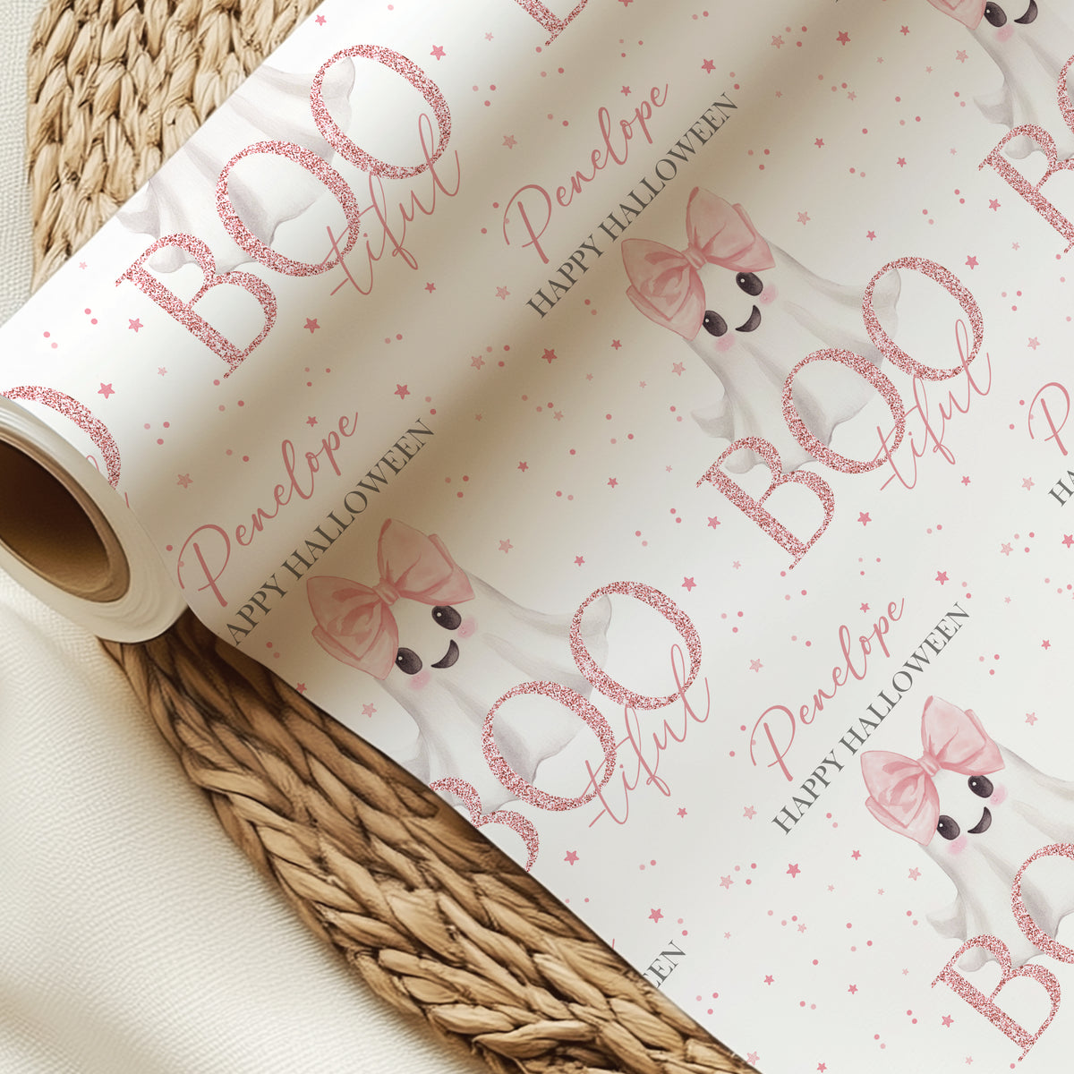 Personalised Pink Halloween Wrapping Paper – Cute Ghost Gift Wrap