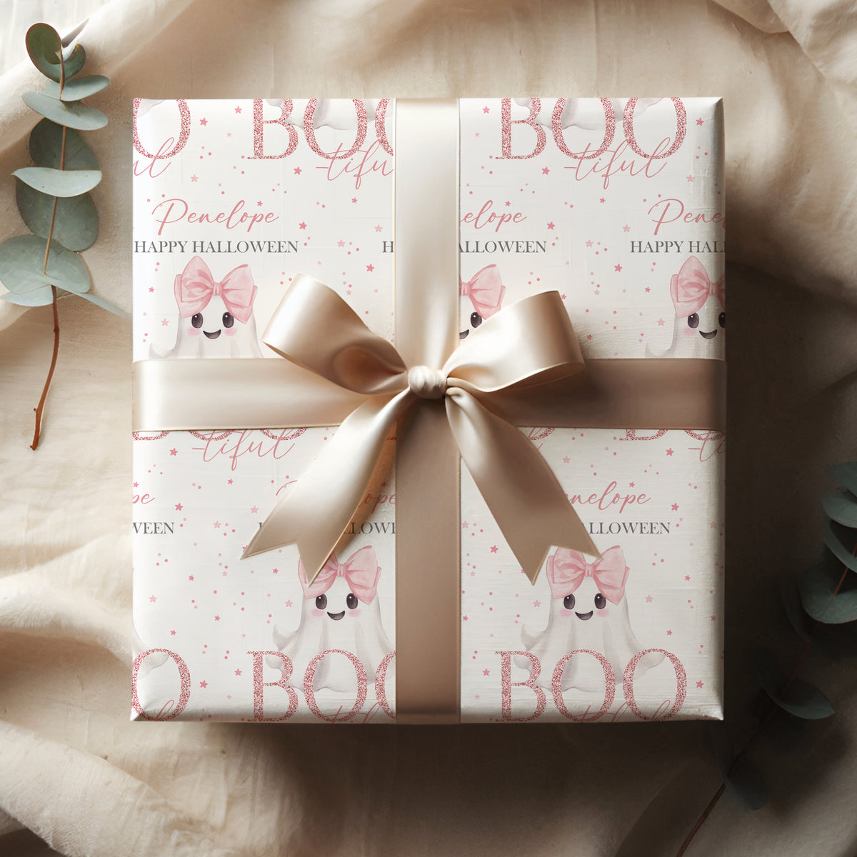 Personalised Pink Halloween Wrapping Paper – Cute Ghost Gift Wrap