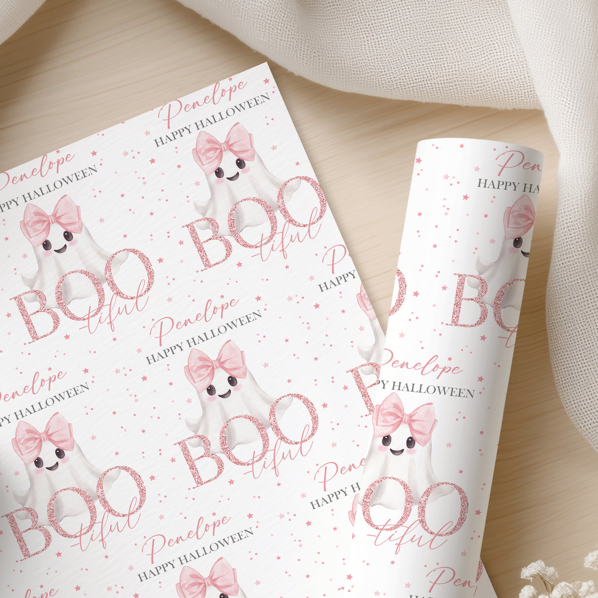 Personalised Pink Halloween Wrapping Paper – Cute Ghost Gift Wrap