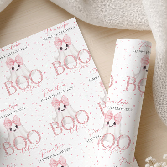 Personalised Pink Halloween Wrapping Paper – Cute Ghost Gift Wrap