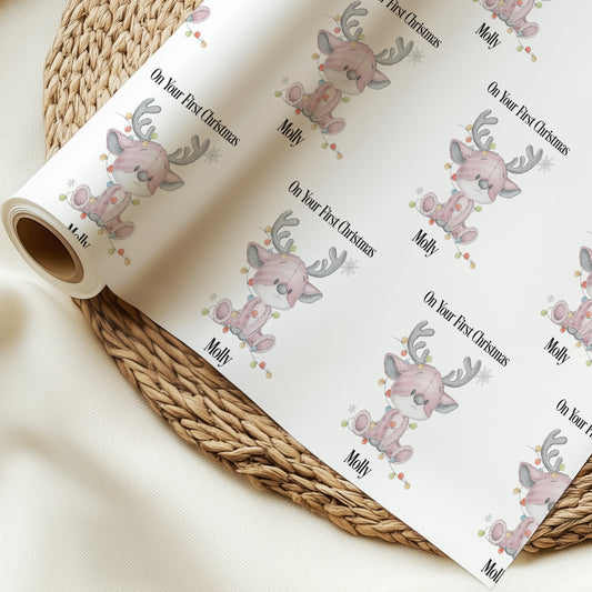 Personalised Pink Reindeer Wrapping Paper