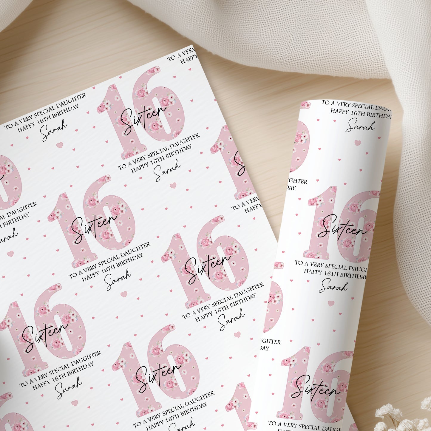 Personalised 16th Birthday Wrapping Paper – Pink Floral Gift Wrap