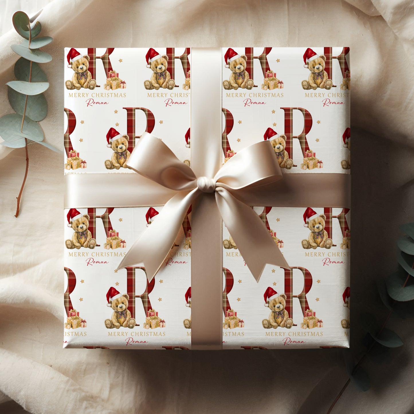 Christmas Teddy Bear Tartan Wrapping Paper, Personalised Christmas Teddy Bear Tartan Gift Wrap